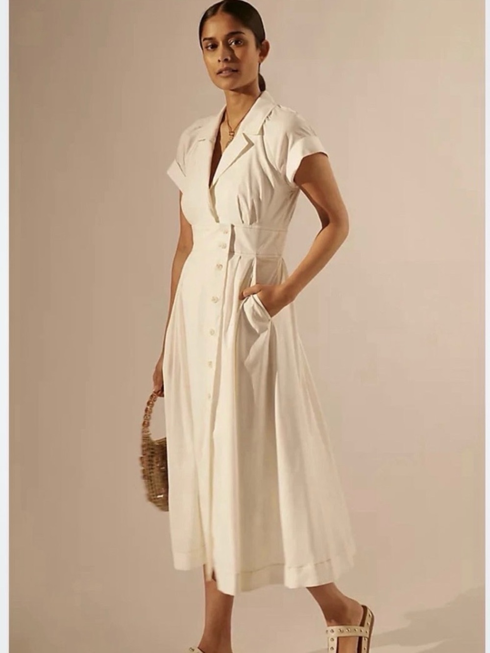 Anthropologie Maeve Ivory Poplin Short Sleeve Button Down Shirt Dress